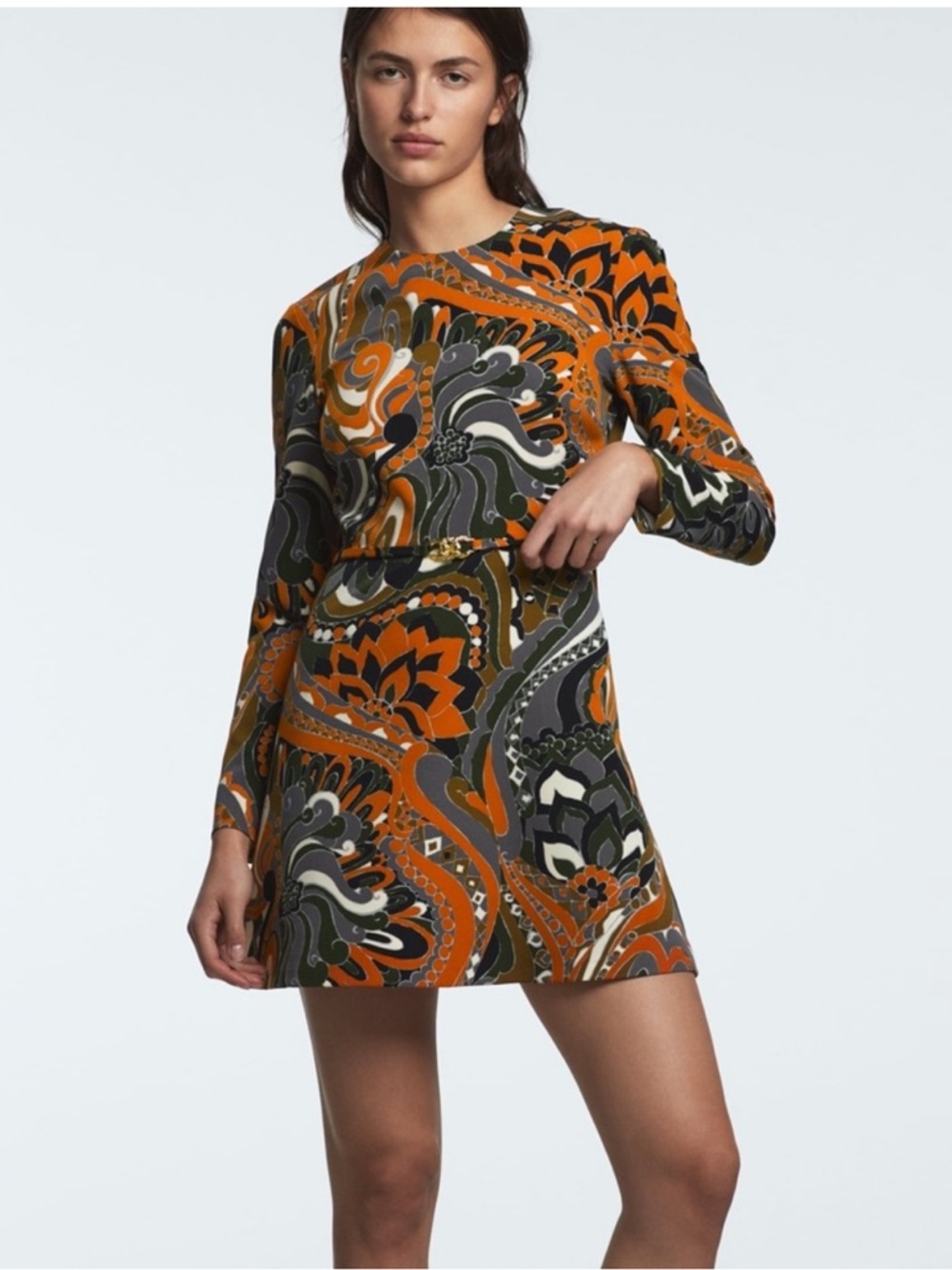 Zara Retro 70s Psychedelic Floral Mini Dress Mod Boho Chic Gold Buckle Belt XS